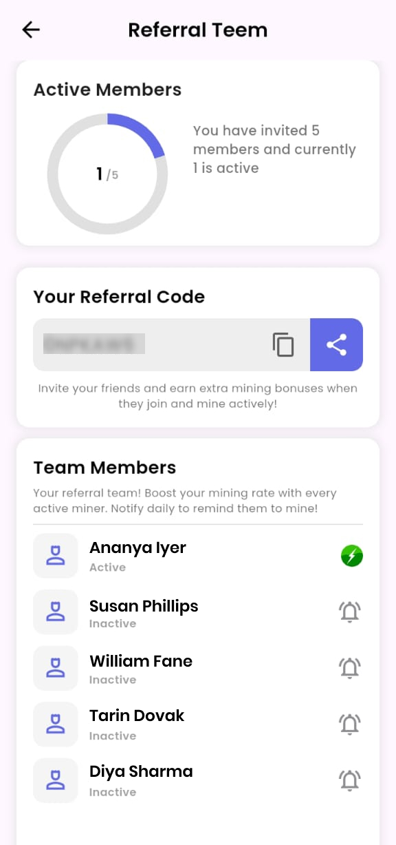 Referral Team screen